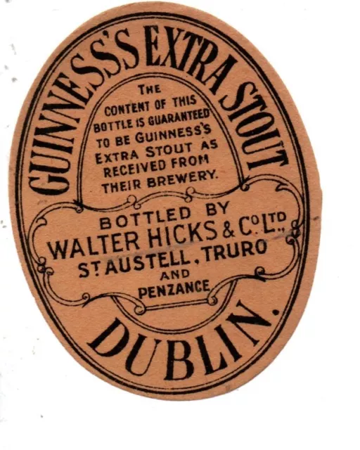UK beer label Guinness Extra Stout Walter Hicks & Co Ltd St Austell, Truro (816)