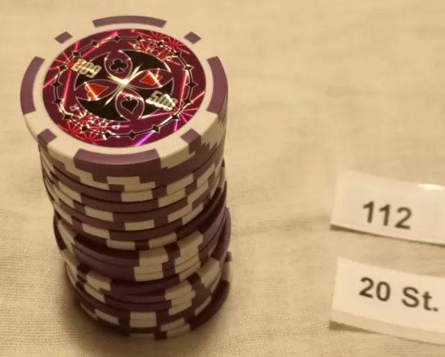 20 Stück / Poker Chips / Lila-Weiß ( 500 §) / (ca. 4 cm) (ca. 11,5g)