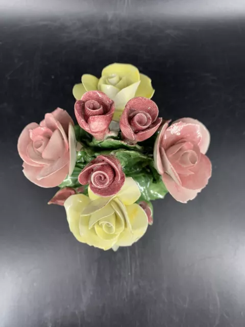 Vintage NUOVA CAPODIMONTE Brown Basket  Bouquet of Flowers Roses Italy Pink 2