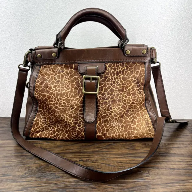 Fossil Handbag Bag Vintage Revival Brown Leather Giraffe Print Calf Hair Bag