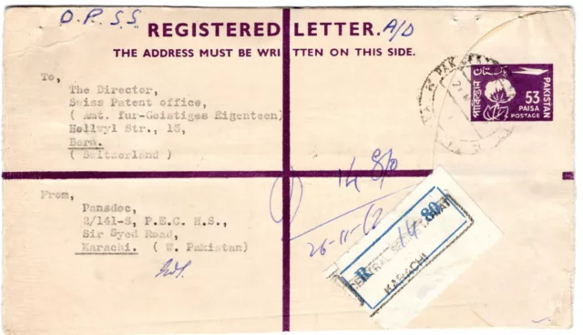 1962 Nov 26th. Registered Letter. Karachi to Bern Switzerland.