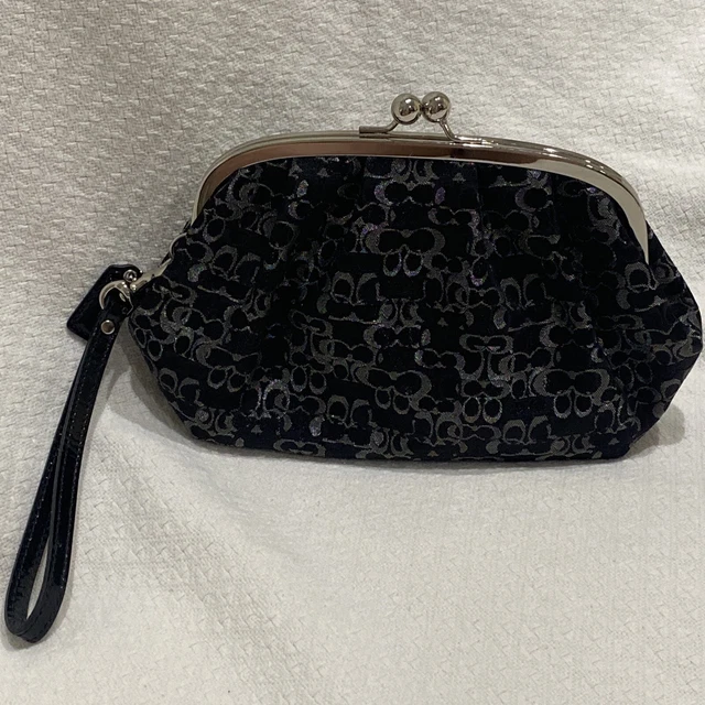 Coach Signature Black Silver Canvas Kisslock Wristlet Clutch - Large Wallet