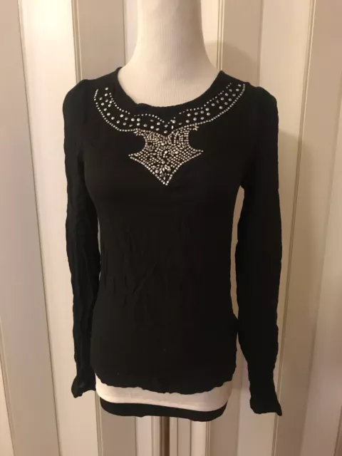 Cotton On Solid Black Embellished long Sleeve Knit Shirt Keyhole back-Size XS