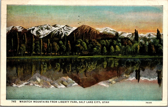 Salt Lake City, Utah~Wasatch Mountains From Liberty Park Lake~Postcard~1937