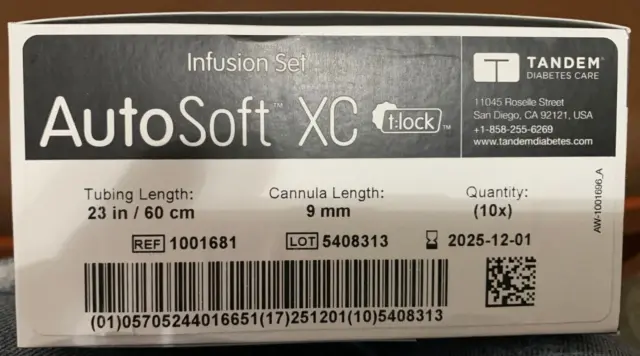 New/Sealed Tandem AutoSoft XC t:lock Infusion Set 9mm 1 box (10)