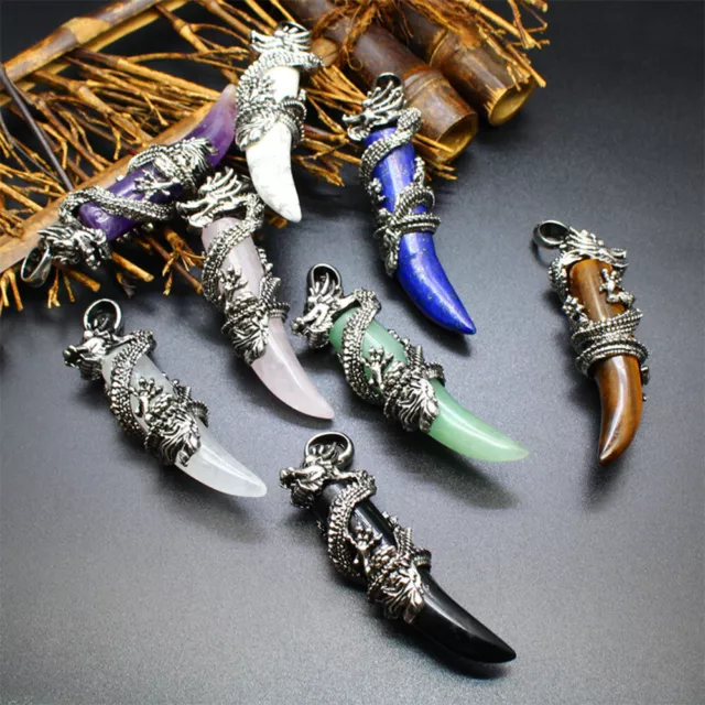 Natural Crystal Chakra Wolf Teeth Dragon Pendant Stone Amulet Reiki Healing Gift