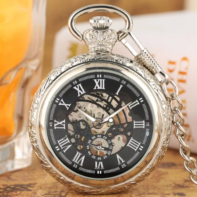 Open Face Mechanical Pocket Watch Windup Black Skeleton Case Pendant Chain Gifts