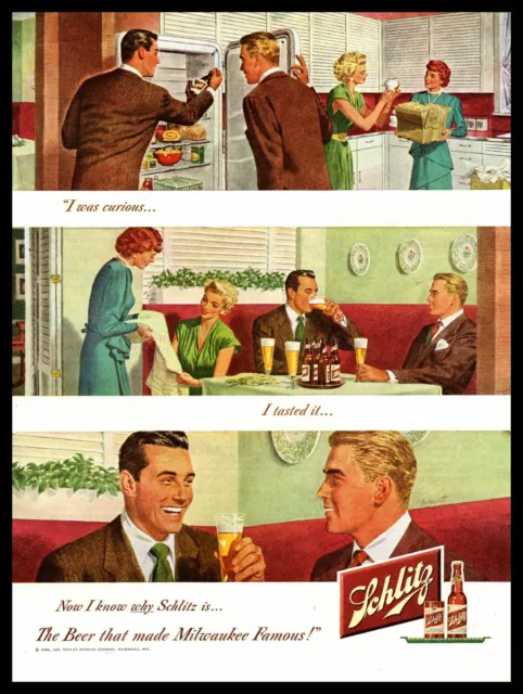 1949 Schlitz Couples Having A Beer At The Kitchen Table Vintage Print Ad