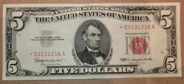 1963 $5 RED Seal Star NOTE Rare Old Five Dollar Bill Federal Reserve