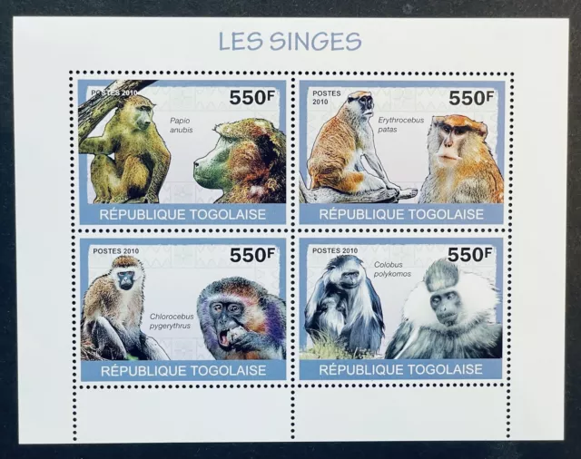 Togo Monkeys Stamp Sheet 4V 2010 Mnh Primate Wild Animals Wildlife Nature Fauna