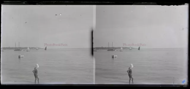 FRANCE Voilier Plage Photo NEGATIVE Plaque de verre Vintage Stereo C1930