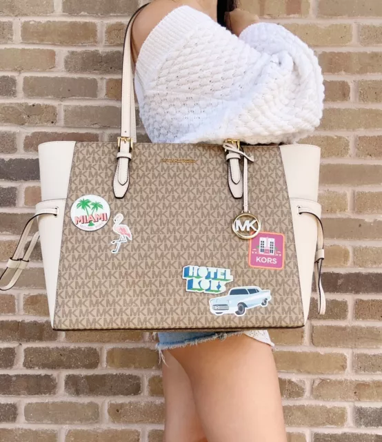 Michael Kors Gilly Large Zip Tote Light Cream MK Signature Miami Palm Tree