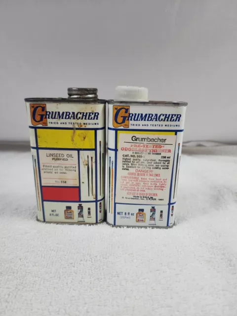Vintage GRUMBACHER Pre-Tested Paint Thinner and Linseed Oil Partially Full Tins