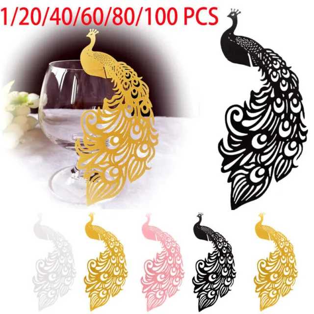 20/40/60/100PCS Peacock Wedding Party Name Place Cards For Wine Glass Laser Cut*