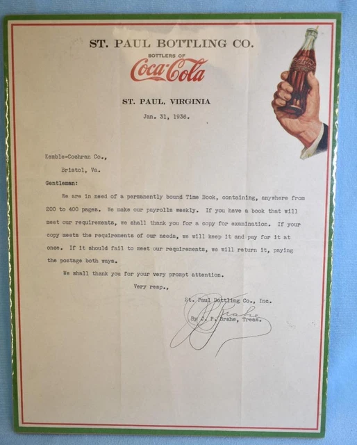 VINTAGE 1936 COCACOLA letter St. Paul Coca Cola Bottling Works St
