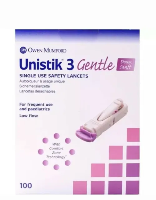 Unistik 3 Gentle Single Use Safety Lancets Pack of 100 Brand New