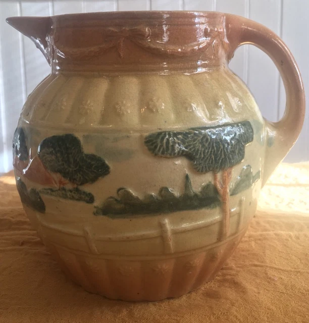 ANTIQUE Roseville ART POTTERY PITCHER YELLOW Ware Ribbon Landscape 7.1/4 By7.3/4
