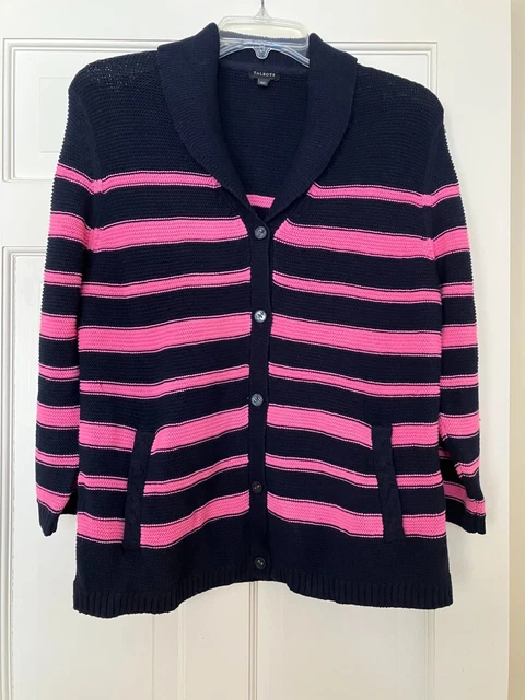 New Talbots Women's XL Cotton Nylon Navy/Pink Shawl Cardigan With Pockets