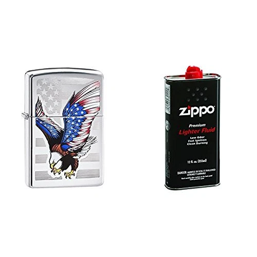 Zippo Flag Design Eagle Pocket Lighter High Polish Chrome with 12 oz Lighter ...