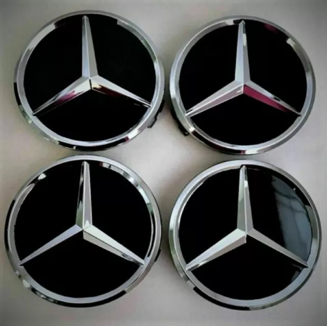 Neu 4 x für Mercedes-Benz 75mm Schwarz/Glanz/Chrom Nabendeckel Nabenkappen 2023+