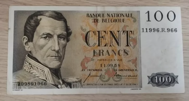 100 FRANCS BELGE 1958 ETAT TBB +( voir description)