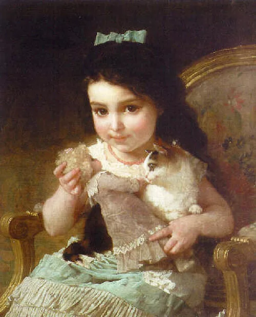 Oil painting Emile-Munier-The-Little-Girl child with doll cat kitten handmade