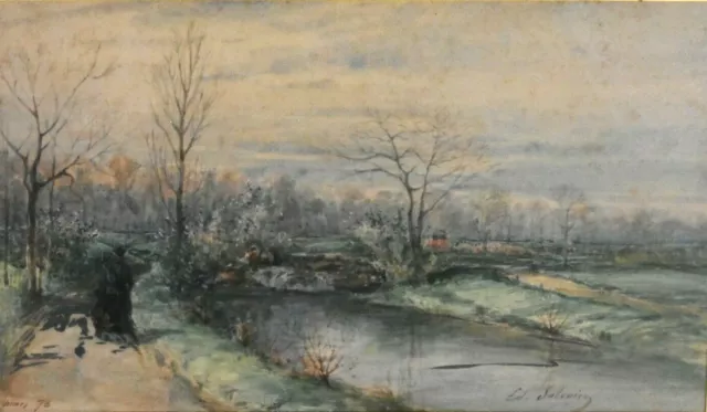 Tableau ancien aquarelle paysage animé élégantes signé Salvaire XIXème