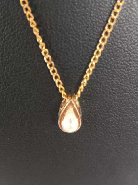 Mid-century Gold Tone Dainty Chain With Teardrop Crystal Pendant