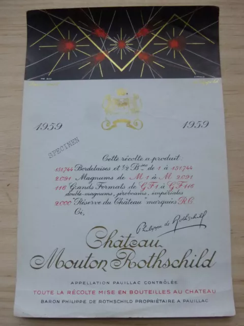 étiquette vin Mouton Rothschild 1959 wine label specimen 75cl Lippold