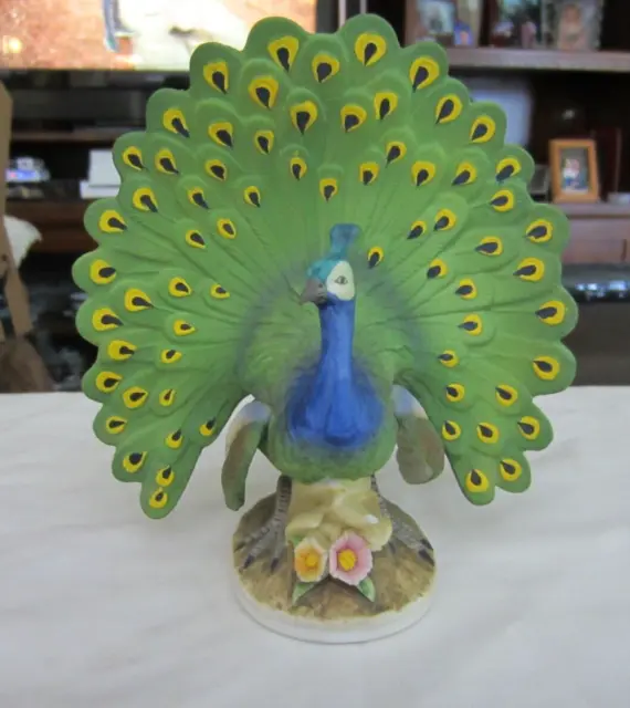 Vintage Lefton Peacock Ceramic Bisque Figurine