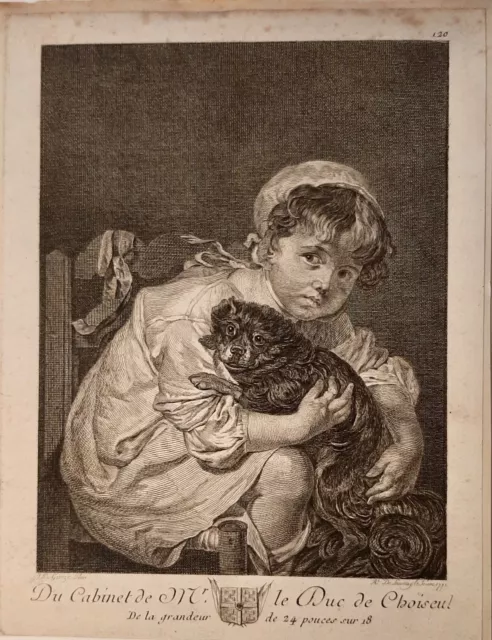 Petite fille au chien par de Launay le jeune 1771 d'après une peinture de Greuze