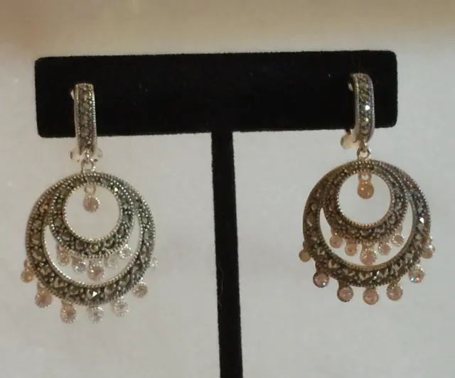 JUDITH JACK: Sterling 925, Marcasite & CZ💎 | Gypsy Hoop Drop Earrings | Clip