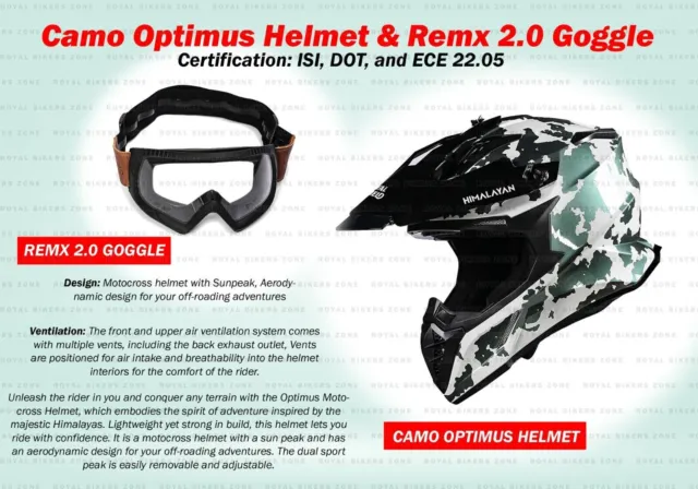 Royal Enfield Camo "Casque De Motocross Optimus Avec Lunettes Remx 2.0 Claires"