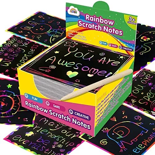 Mini notas artísticas Rainbow Scratch - 125 tarjetas mágicas de notas de papel rascado para niños