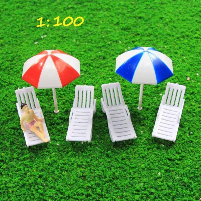 TYS34100 2 Sets Parasols Sun Loungers Deck Chairs Bench Settee 1:100 Scale Model