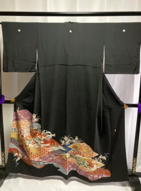 Vintage Japanese kimono -  Silk Kuro tomesode with Beautiful Birds