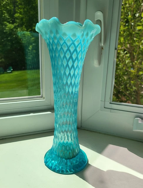 Vintage Northwood Swung Glass Vase Blue Opalescent Aqua 1907 Tree Trunk Antique