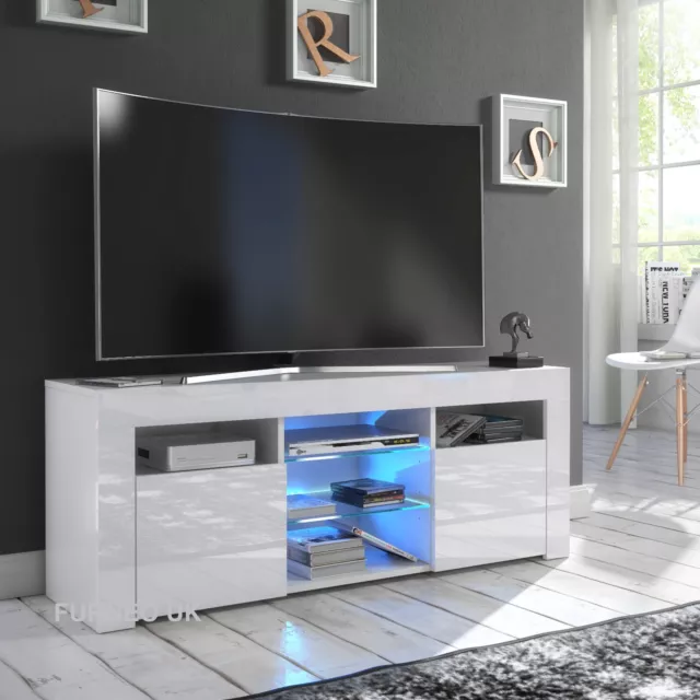 White TV Stand Modern High Gloss &Matt 120cm Unit Cabinet LED Lights Puzzo