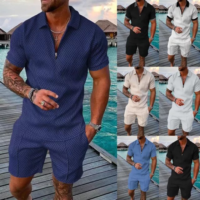 Herren Outfit 2-teiliges Set Sommer Kurzarm POLO Shirts+Shorts Set T-Shirt 3