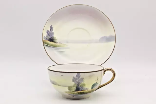 Nippon Cup and Saucer Porcelain Scenic Lake View Hand Painted Japan Vintage