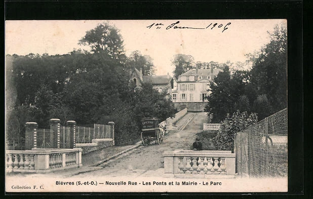 CPA Bièvres, Nouvelle Rue, les Ponts et la Mairie, le Parc 1906