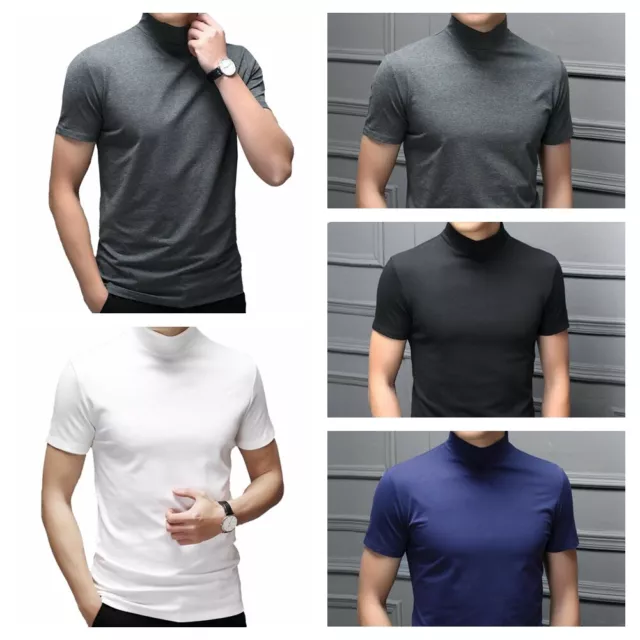 Mens Basic T-Shirt Short Sleeve Mock Neck Pullover Undershirt Casual Cotton Tops