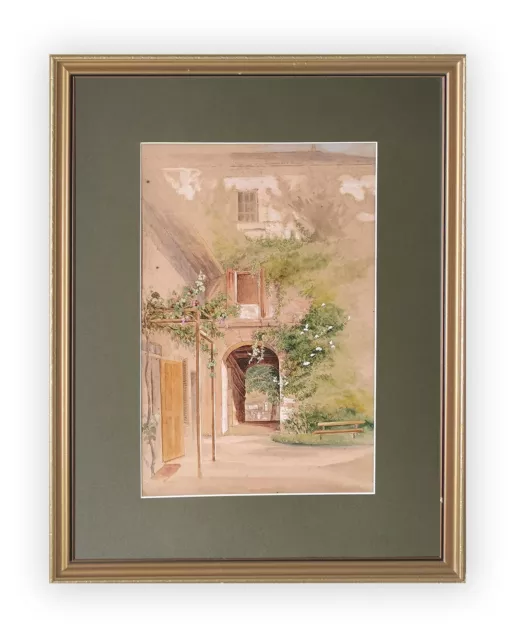 The Courtyard - Superb Large Quality Vintage 19th Century Watercolour Painting