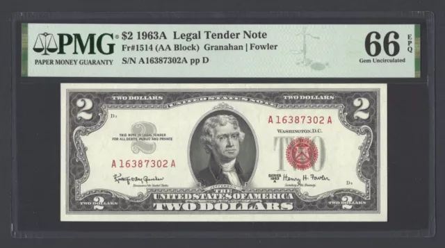 United States-Legal Tender Note 2 Dollars 1963A Fr#1514 (AA Block) UNC Grade 66