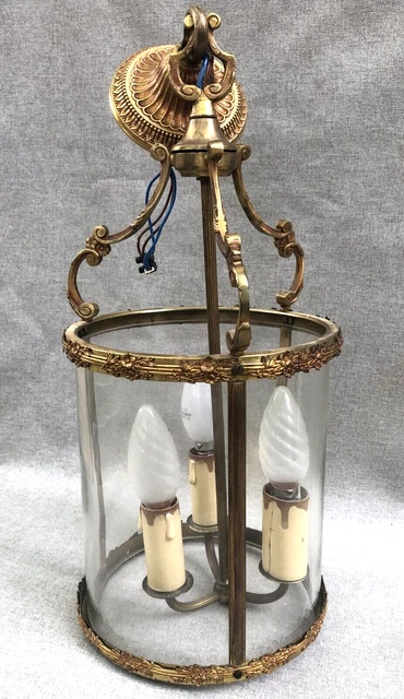 Antique french light lantern 1930's gilded bronze glass lamp ceiling
