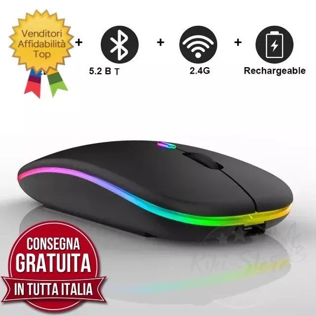 MOUSE SENZA FILI WIRELESS USB 2.4ghz Batteria interna Ricaricabile LED per PC 2