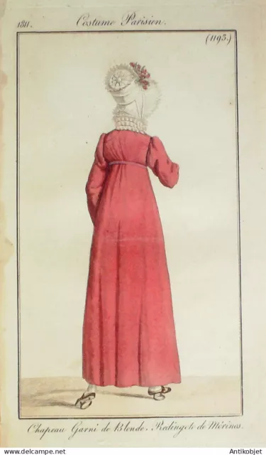 Gravure de mode Costume Parisien 1811 n°1193 Redingote de Mérinos