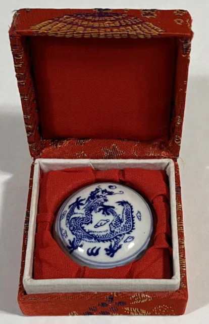 Vintage Chinese Blue & White Dragon Porcelain Red Ink Stone Box ~ New , Signed .