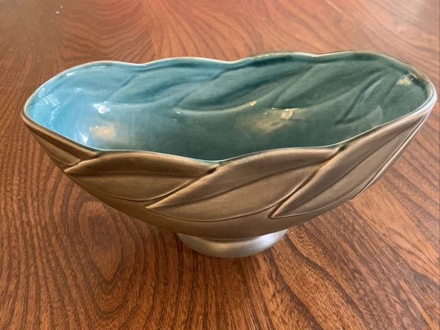 Retro BESWICK POTTERY Olive Green Blue Mantle Vase / Planter Oval Leaf 2069 UK