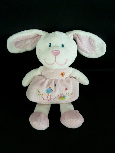 F8- DOUDOU PELUCHE TEX BABY LAPIN ROBE ROSE OISEAU NID VICHY 26 cms - TBE